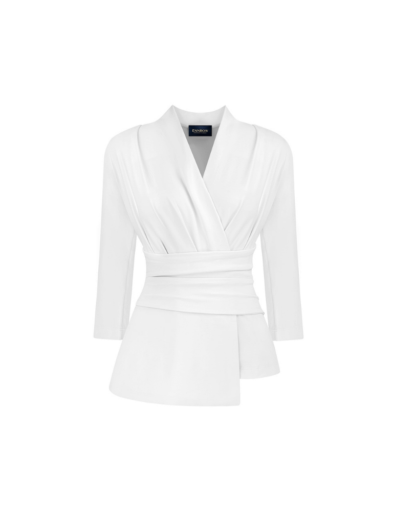 Biała, elegancka, ponadczasowa bluzka biznesowa, dekolt V, rękaw 3/4, taliowana, wyszczuplająca.