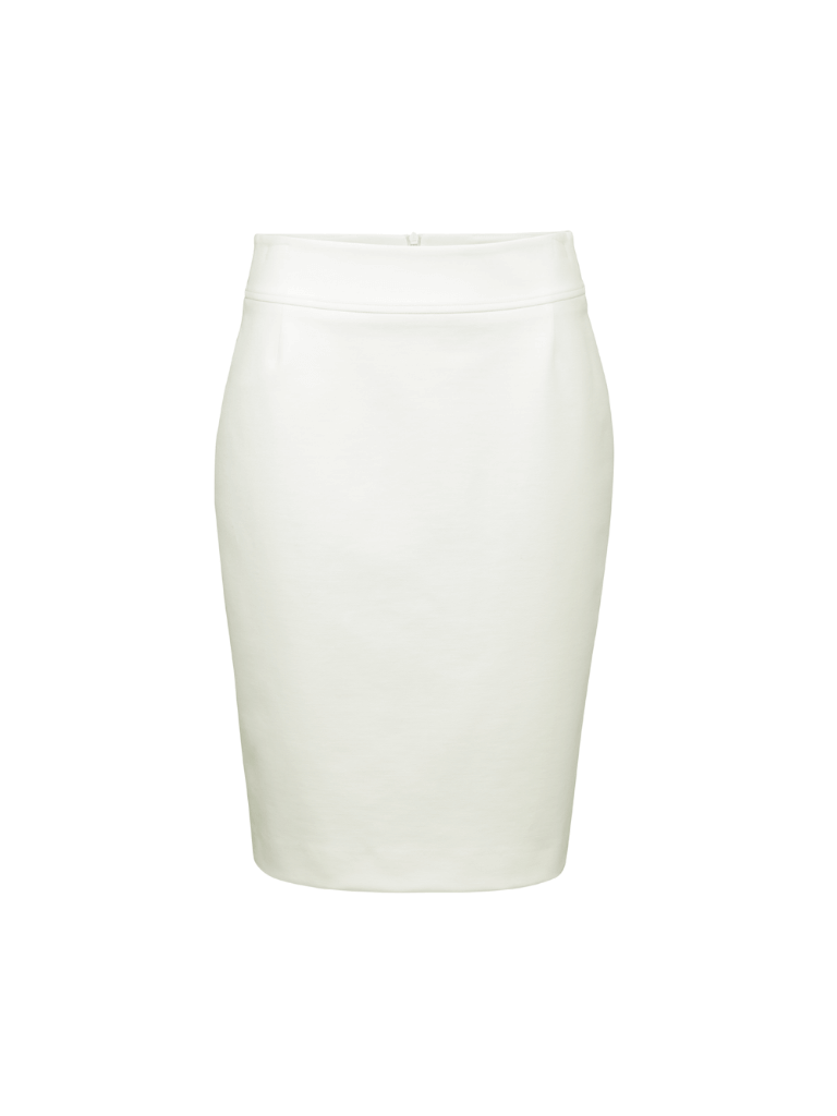 Biała ołówkowa spódnica garniturowa, idealna baza do wielu biznesowych stylizacji. Wysoko elastyczny materiał, do prania w pralce, bez prasowania. 