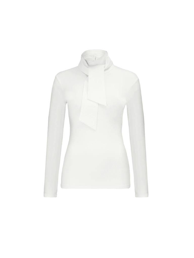 Biała bluzka do pracy z wiązaniem przy szyi z długotrwałego materiału