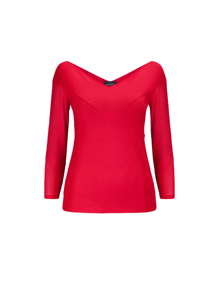 Czerwona bluzka z dekoltem V, idealna baza do stylizacji