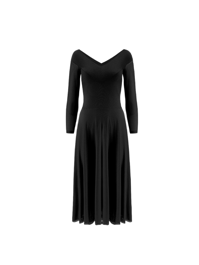 Czarna, uniwersalna sukienka w klasycznym, minimalistycznym kroju, maskująca niedoskonałości sylwetki, niespierająca się